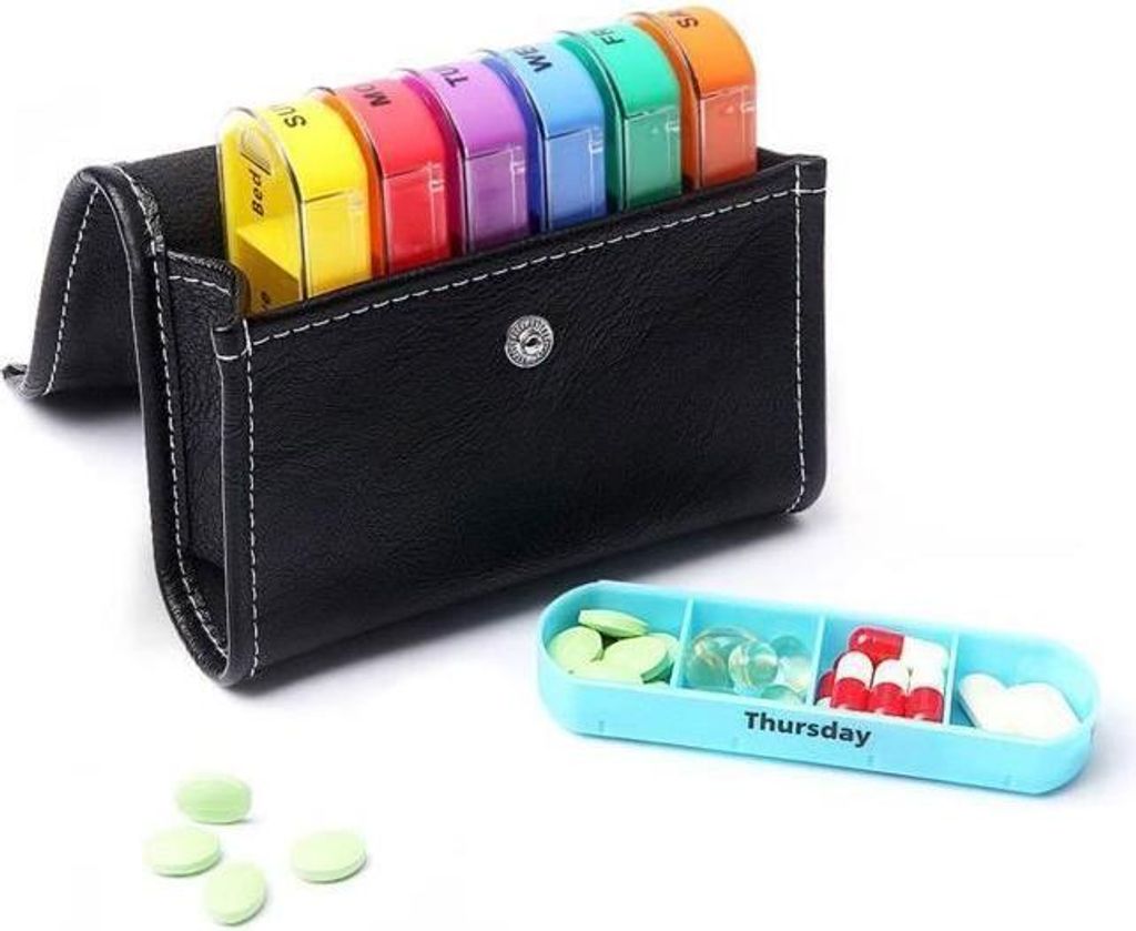 7-Tage-Pillenbox (4-mal täglich) mit PolyurethanBeutel – 28 mehrfarbige Fächer – für Vitamine und Medikamente – tragbar – schwarz