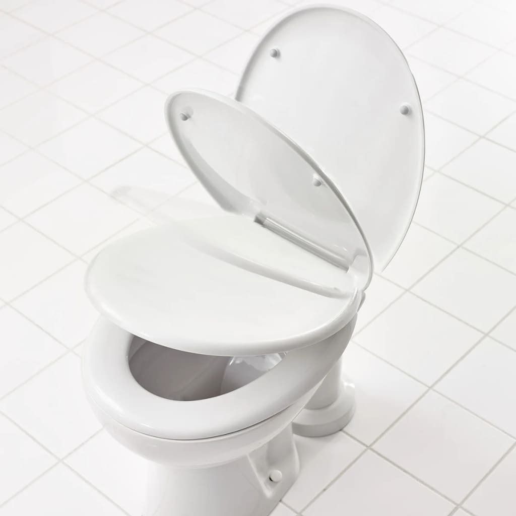 A white toilet with the seat and lid open, shown on a white tiled floor.