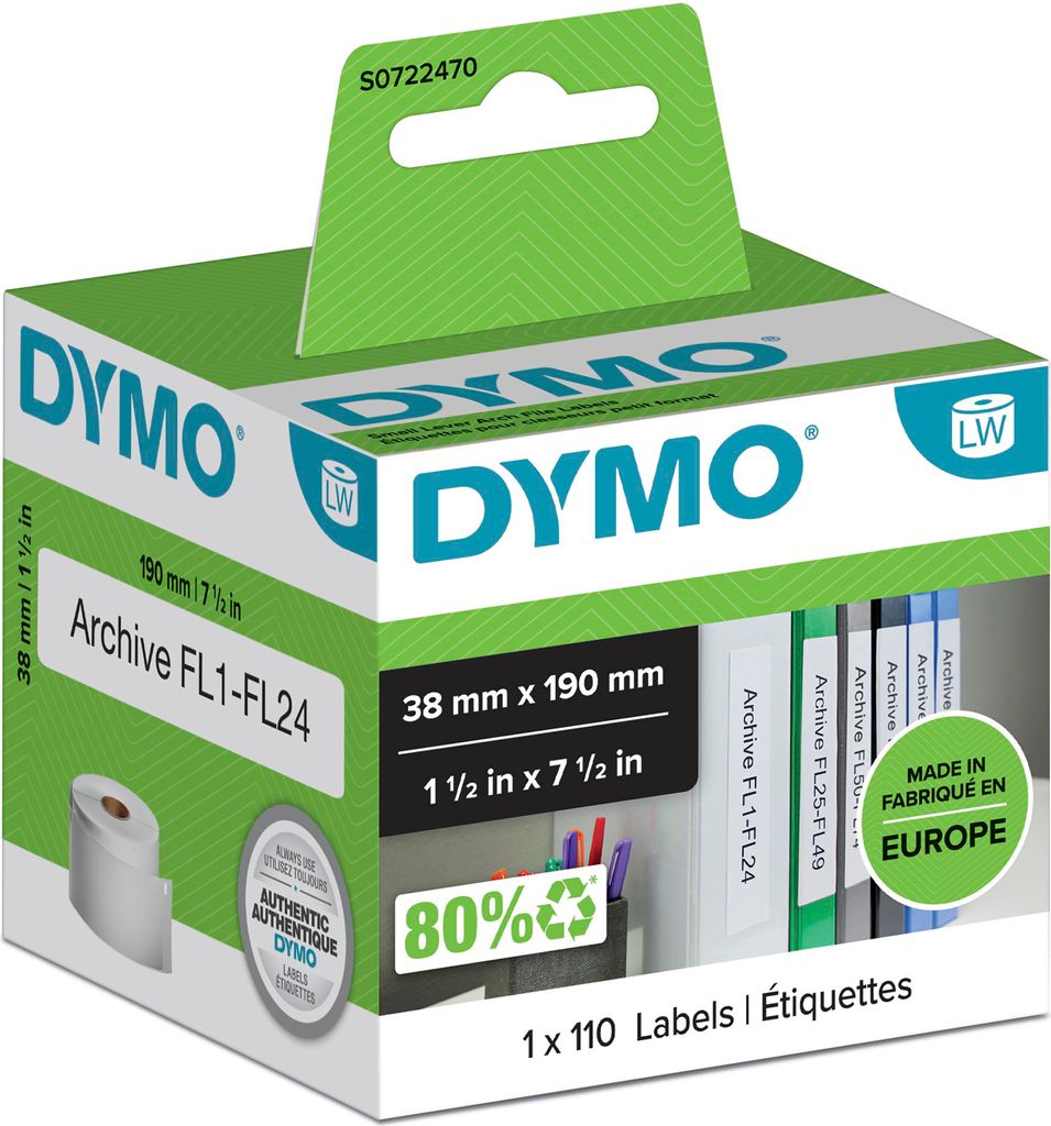 DYMO Original LabelWriter-Ordner-Etiketten | 38 mm x 190 mm | Rolle mit 110 leicht ablösbaren Etikettenband | selbstklebend | für LabelWriter Eti...