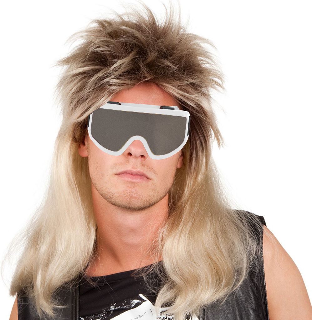 80er und 90er Jahre Kostüm Vokuhila Perücke mit weißer Skibrille für Herren von Vorne