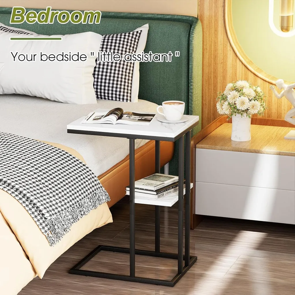 Table de lit forme C effet marbre blanc pour ordinateur et lecture - 6