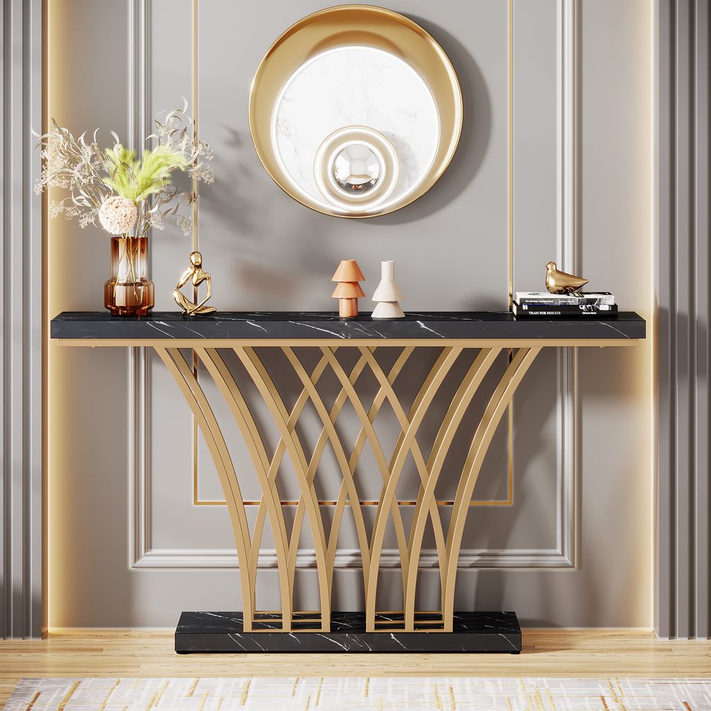 Tribesigns Gold Konsolentisch, 150x30x80 cm Moderner Eingangstisch mit gitterförmigem Metallfuß für Eingang, Flur, Vorzimmer, Wohnzimmer (Schwarz)