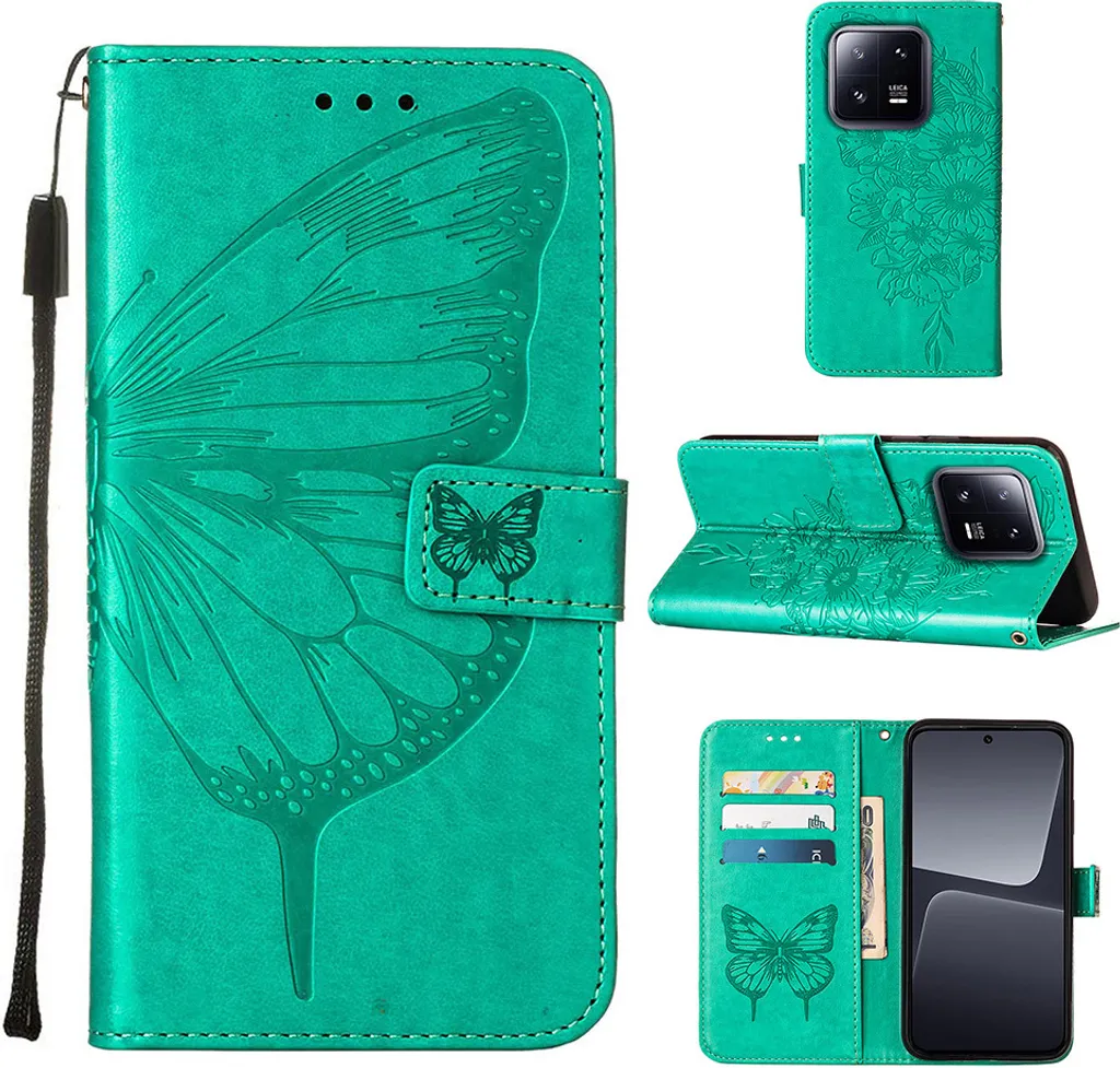 Cover Portafoglio Xiaomi 13 Pro Butterfly Relief Verde - Elegante
