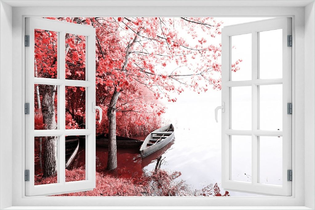 Wallario Poster mit Fenster-Illusion: Romantische Bootsanlegestelle in rot-weiß, Größe: 100 x 150 cm