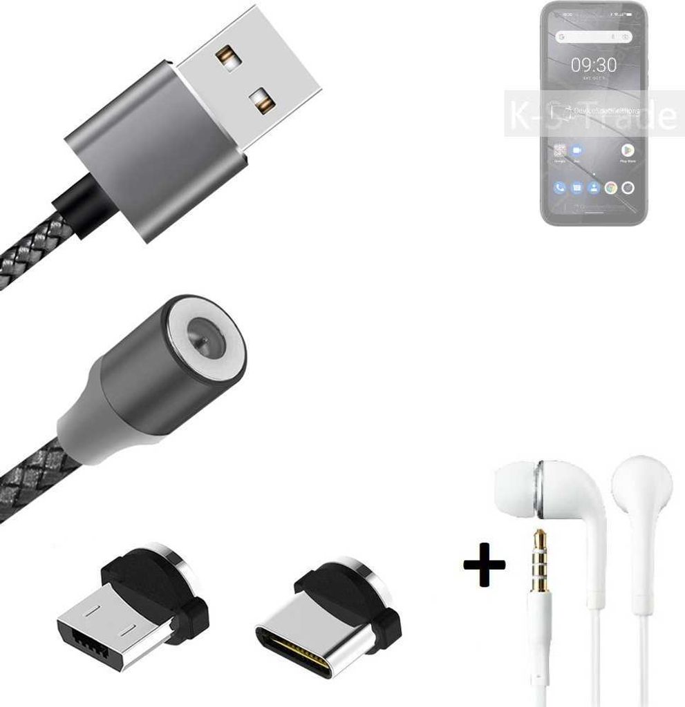 K-S-Trade Hochwertiges Magnet-Lade-kabel Sync-Kabel Daten-Kabel + Kopfhörer kompatibel mit Gigaset GX6 mit USB-Typ-C-Anschluss und