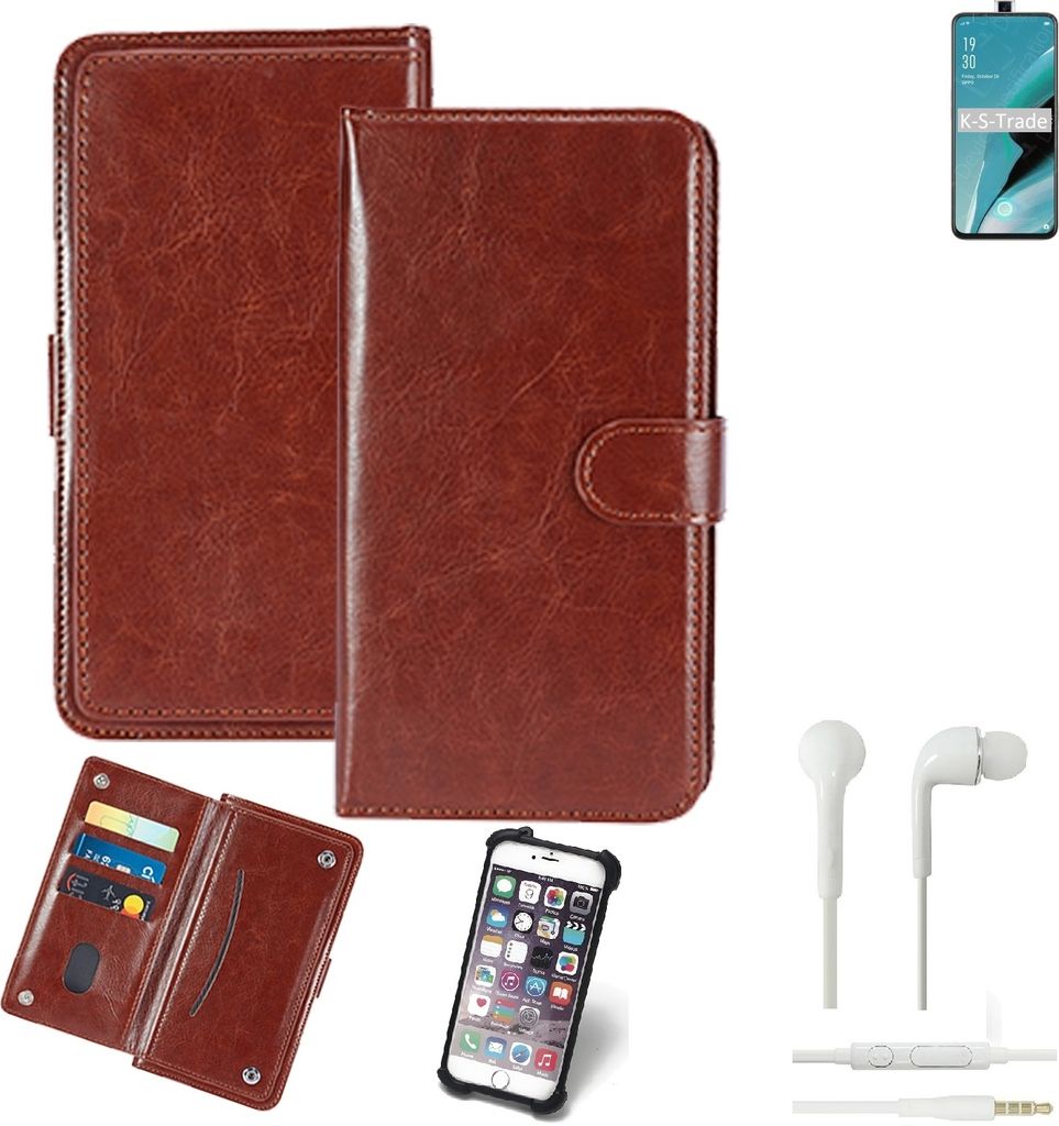 K-S-Trade 360° Hülle kompatibel mit Oppo Reno2 Z inkl. Headphones braun Kunstleder Case BookCase WalletCase Kunstlederederhülle Handyhülle,