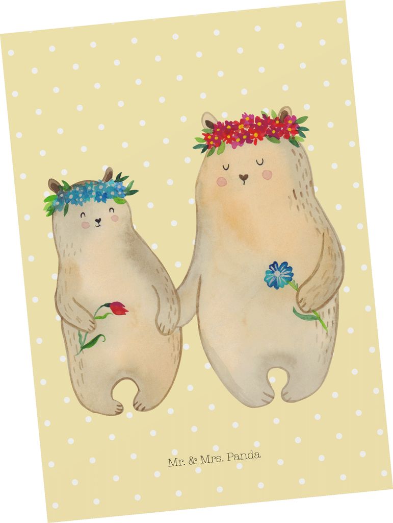 Mr. & Mrs. Panda Grußkarte Bären mit Blumenkranz - Gelb Pastell - Geschenk, Mami, bildkarte, Mama, Lieblingsmensch, Familie, Postkarten, Family, ...