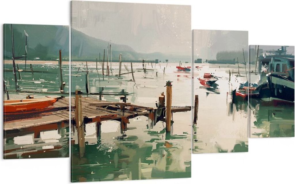 Bild auf Leinwand - Leinwandbild - Boot Ufer Brücke - 160x90cm - Wand Bild - Wanddeko - Wandbilder - Leinwanddruck - Bilder - Kunstdruck - Wanddek...