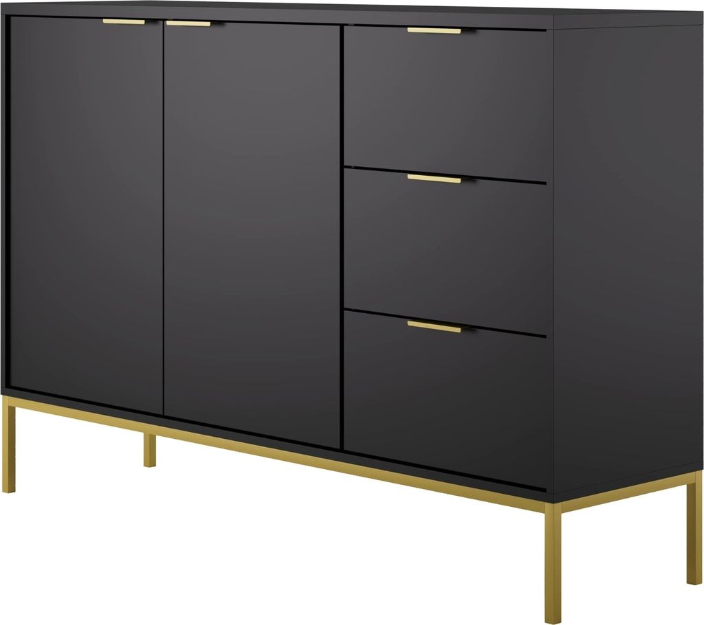 Kommode mit 3 Schubladen und 2 Schränken, modernes Sideboard, Stahlrahmen Schwarz und Gold