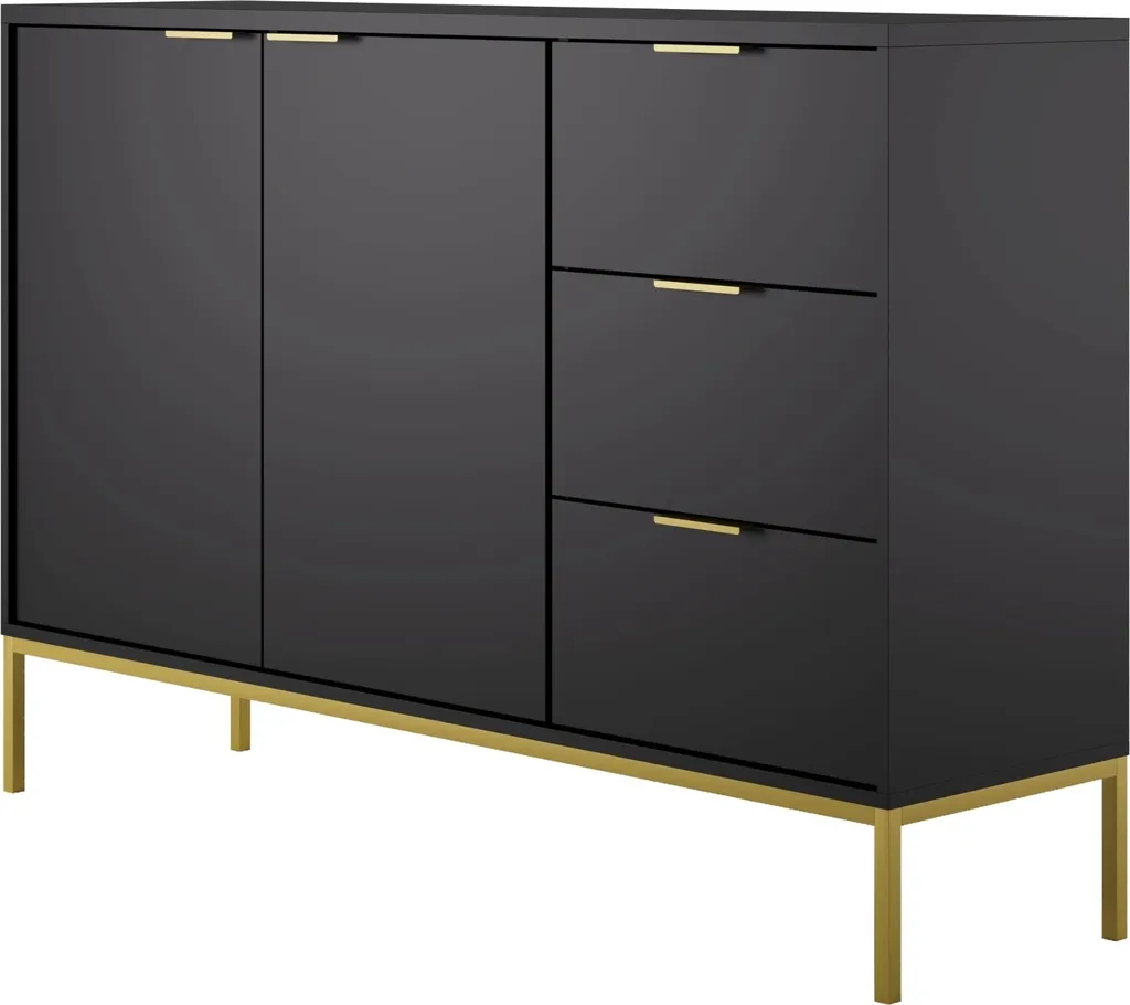 Commode avec 3 tiroirs et 2 armoires buffet moderne noir et doré L120cm