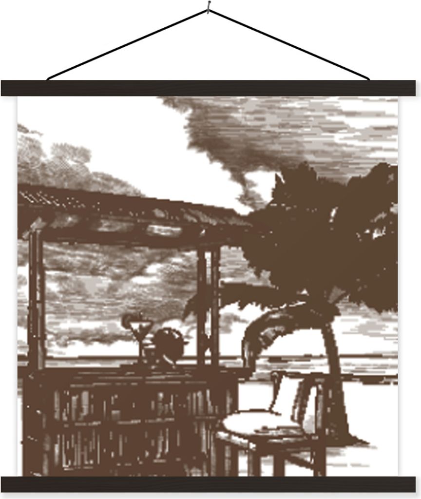 MuchoWow Textilposter Strand - Palme - Hütte 120x120 cm mit schwarzem Rahmen - Aufhängungsset