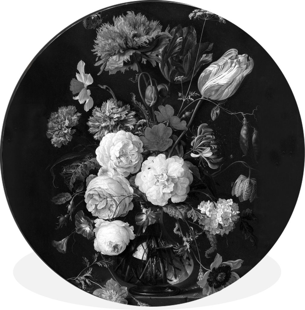 MuchoWow Aluminium Wandkreis Stilleben mit Blumen in einer Glasvase - Gemälde von Jan Davidsz. de Heem - schwarz und weiß Ø 60 cm Wanddeko Mod...