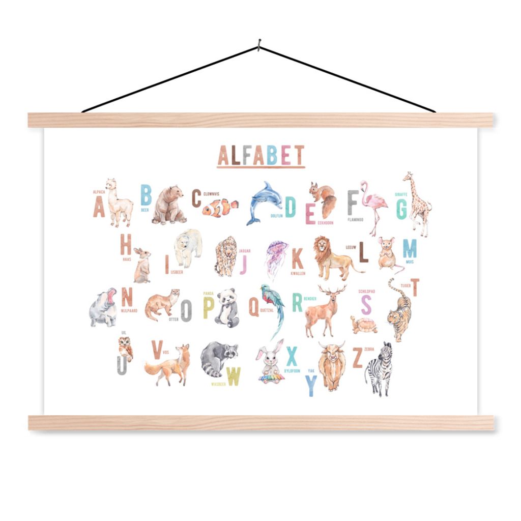 MuchoWow Textilposter Kinder - Tiere - Alphabet 120x80 cm mit holzfarbenen Rahmen - Aufhängeset