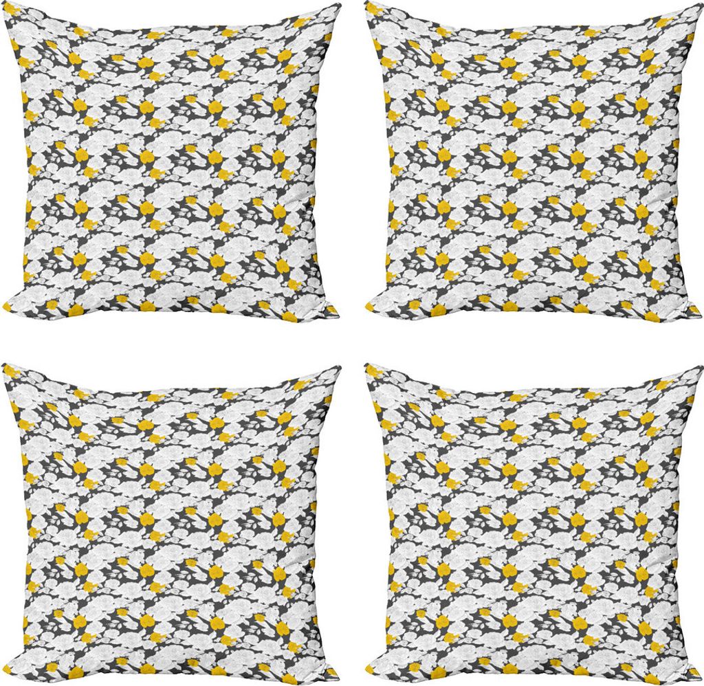 ABAKUHAUS Rose Kissenbezug Set (4 Stück), Hand gezeichnete Blüten, Moderner Doppelseitiger Digitaldruck, 60 cm x 60 cm, Charcoal Grau Gelb