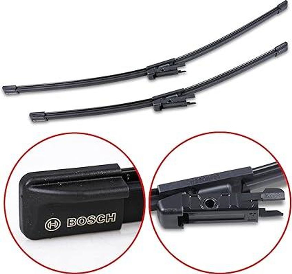 Two Bosch Aerotwin windshield wipers are shown against a white background, with close-up insets of the wiper connectors.