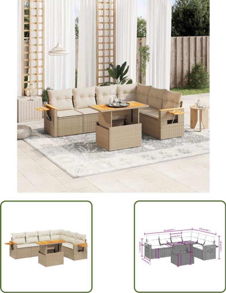 The Living Store 7-tlg. Garten-Sofagarnitur mit Kissen Beige Poly Rattan