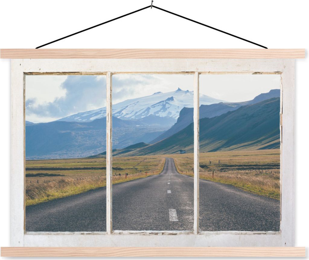 MuchoWow Textilposter Aussicht - Straße - Berg 120x80 cm mit holzfarbenen Rahmen - Aufhängeset