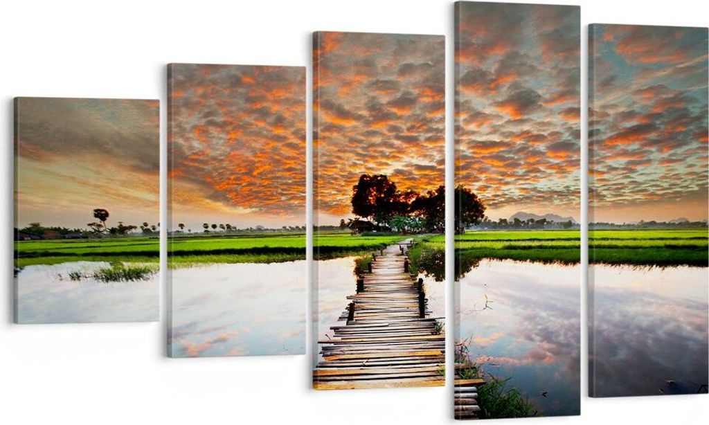 Bild auf Leinwand - Leinwandbild - Asien brücke see natur - 100x60cm - Wand Bild - Wanddeko - Leinwanddruck - Bilder - Kunstdruck - Wanddekoration...