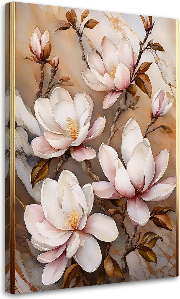 Leinwandbild Magnolienblüten Natur Botanik 60x90 Feeby Beige bild für die wand bereit zum aufhängen