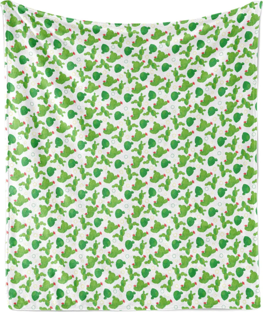 ABAKUHAUS Coperta in morbido pile di flanella con motivo cactus, fiori e cerchi, confortevole peluche per interni ed esterni, 125 x 175 cm, verde bianco