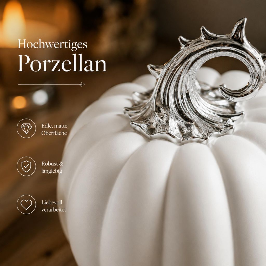 Eleganter LED Porzellan Kürbis Mini Weiß Silber – Stilvolle