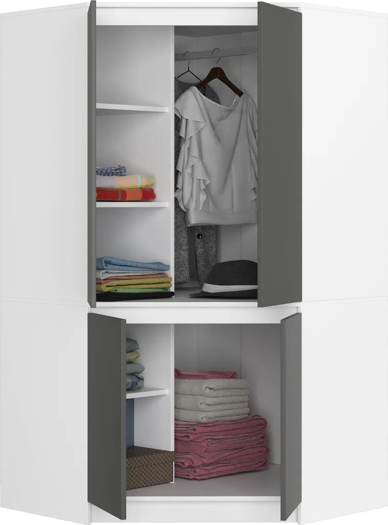 BDW Armoire d'angle chambre gris et blanc, penderie gain de place 90x90