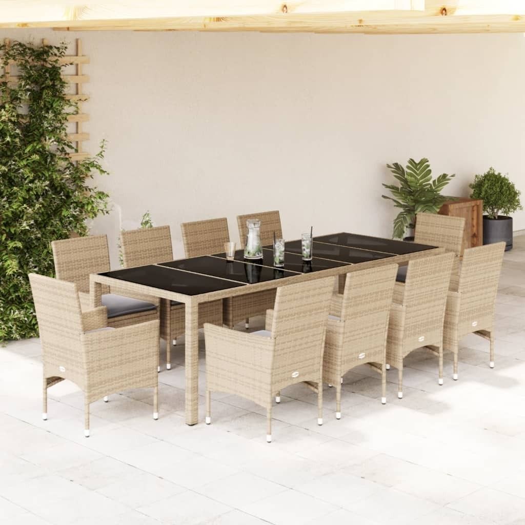 Maison Exclusive - 11-tlg. Garten-Essgruppe mit Kissen Beige Poly Rattan und Glas