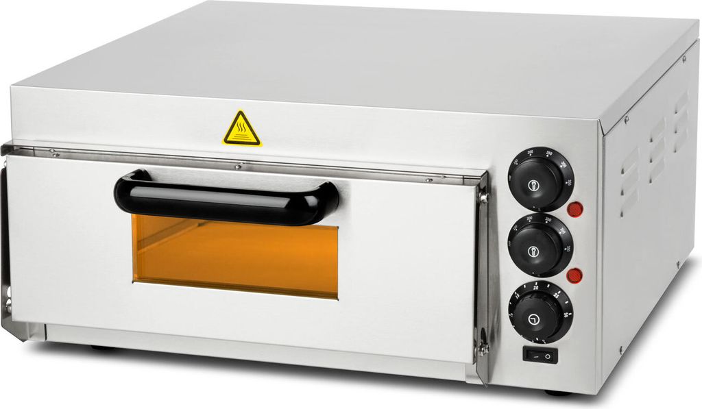 A professional studio shot of a stainless steel pizza oven against a white background.