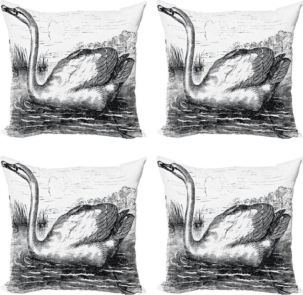 ABAKUHAUS Skizzieren Kissenbezug Set (4 Stück), Hand gezeichnet Swan Entwurf, Moderner Doppelseitiger Digitaldruck, 40 cm x 40 cm, Schwarz und weiß