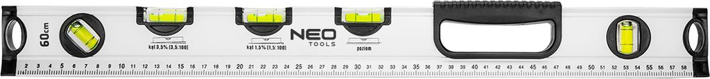 NEO TOOLS Spezial-Wasserwaage 60/80/100 cm lang, 30 mm breit, 6 cm hoch, 5 Libellen, verschiedene Winkel, 0°, 1,5°, 3,5°, 45°, 90°, Rohrfuß, ...