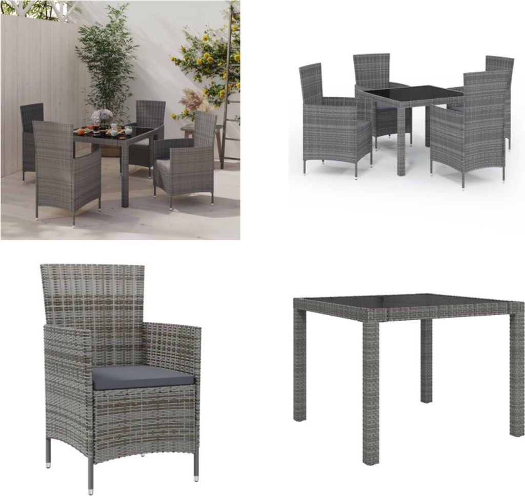 vidaXL 5 tlg. Garten Essgruppe mit Kissen Poly Rattan Grau - Garten Essgruppe - Garten Essgruppen - Gartenmöbel Set - Garten Möbelset