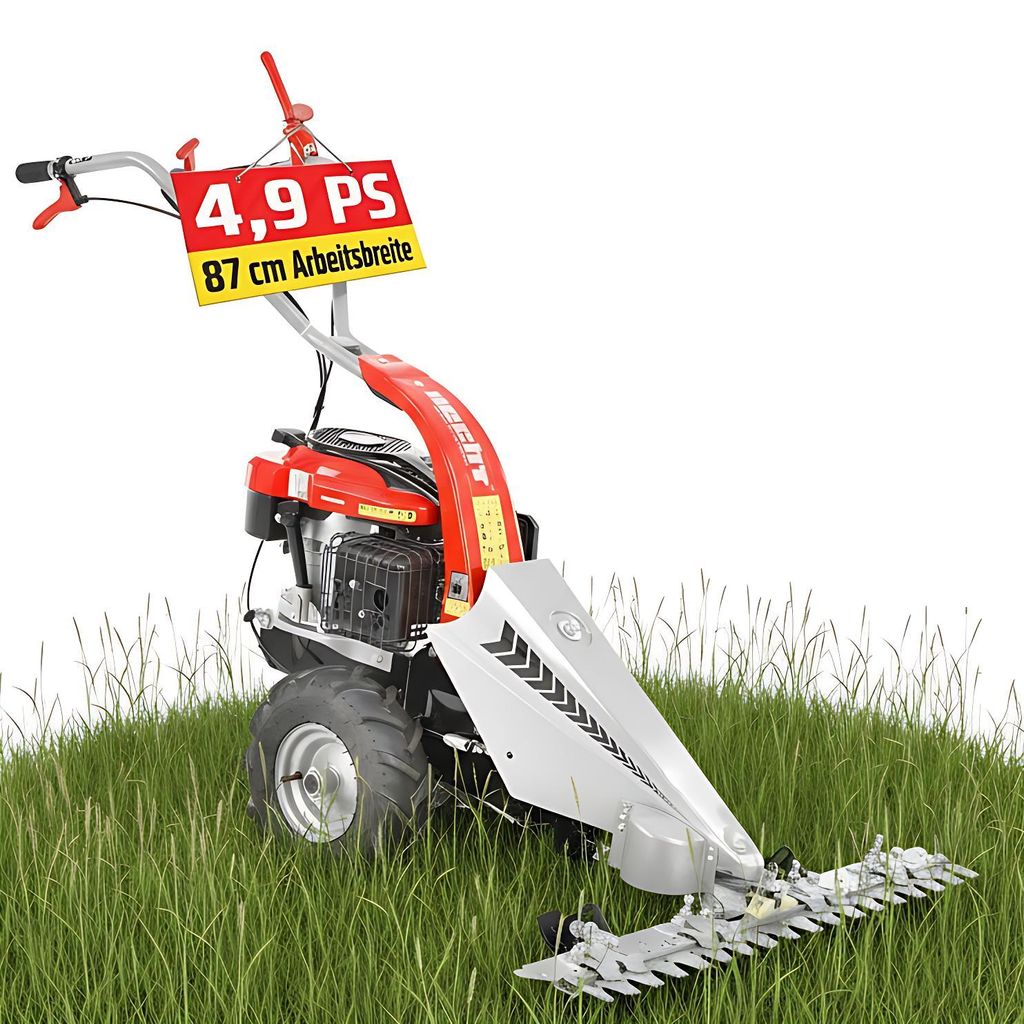 A red and silver walk-behind mower with a cutting bar is shown in tall green grass.