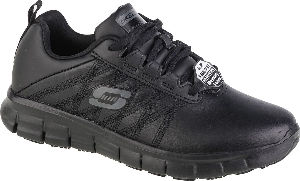 A black Skechers women's shoe is shown from the side against a white background.