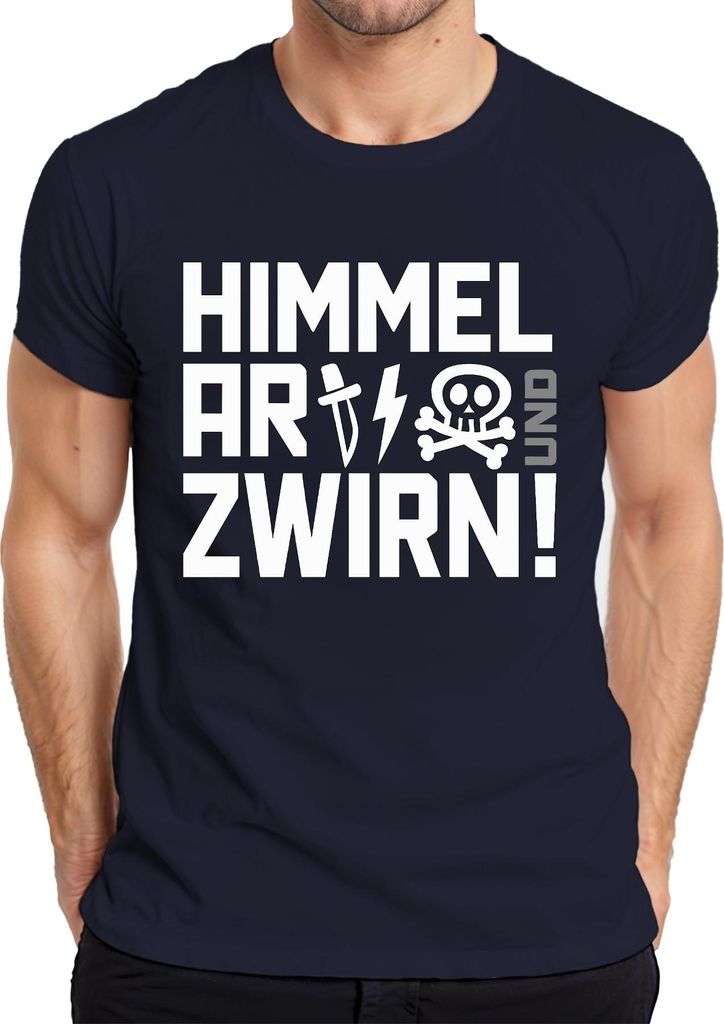 Himmel Arsch und Zwirn frech lustig Totenkopf Punk Blitz Messer Herren T-Shirt, Navy, 3XL