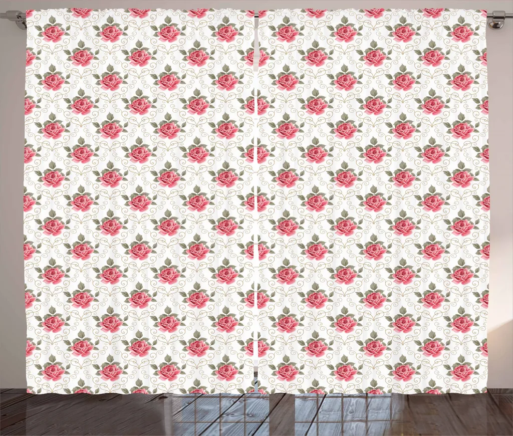 ABAKUHAUS Fiori Tenda rustica, damasco ispirato alla rosa, soggiorno Nastro universale Tende con passanti e ganci, 280 x 245 cm, verde marrone scuro corallo