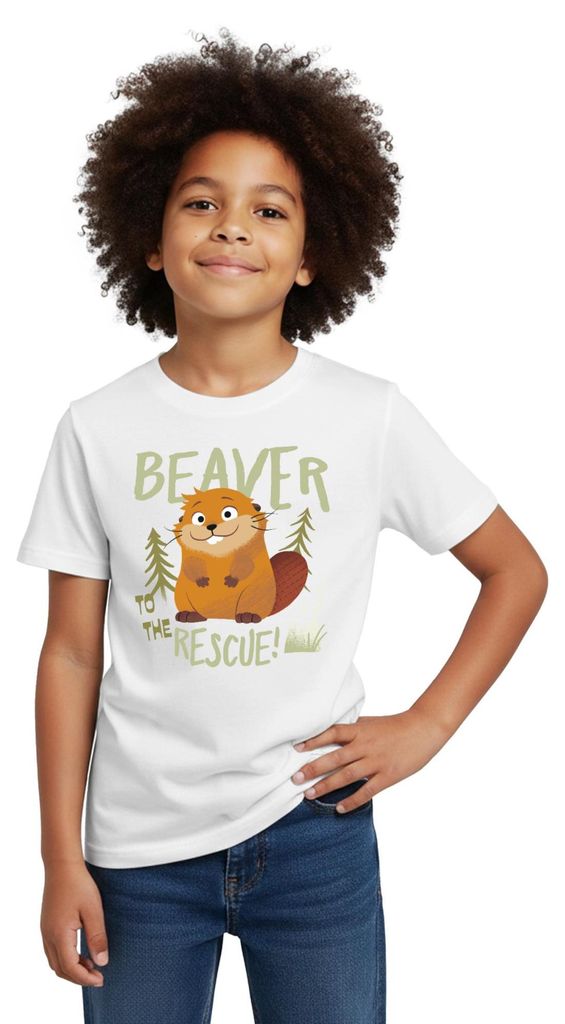 Spreadshirt Hoppers Beaver To The Rescue Kinder T-Shirt, 110/116 (5-6 Jahre), Weiß
