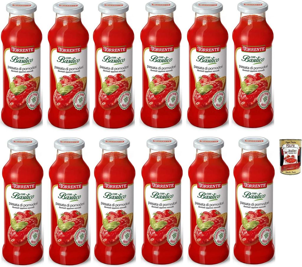 12x La Torrente Passata di Pomodori con Basilico,Tomatenpüree mit Basilikum,100% Italienische Tomate,700g Glasflasche + Italian Gourmet Polpa di P...