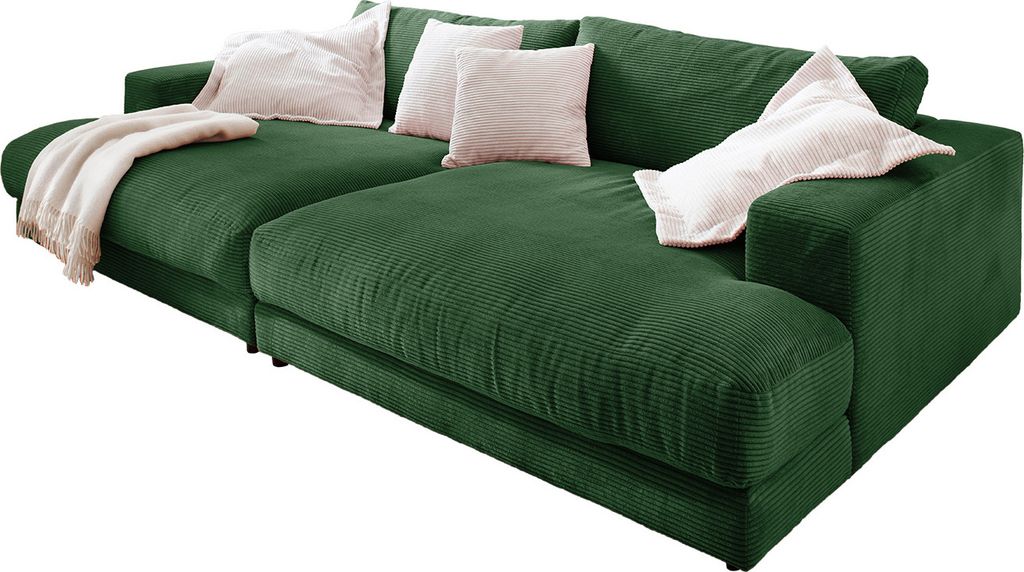 KAWOLA Big Sofa XL MADELINE mit Holztablett schwarz für Armlehne Cord smaragd