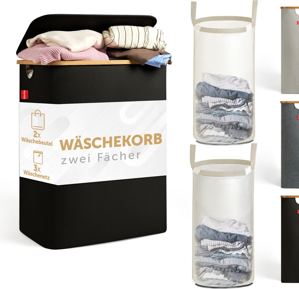 Blumtal Wäschesammler 140 L - Wäschekorb 2 Fächer mit herausnehmbaren Wäschesäcken - Pfandflaschen Aufbewahrung - Wäschekorb schmal schwarz