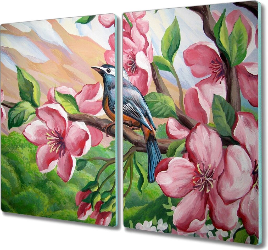 Coloray Hackbrett Kochplattenabdeckung Herdabdeckplatte 2x30x52 cm Schneidebrett Küchenbrett - Blumen Vogel