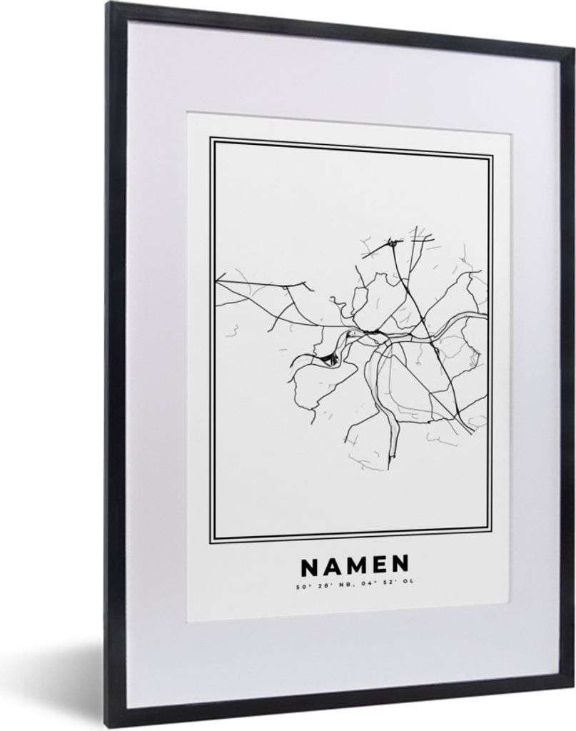 MuchoWow Gerahmtes Poster Karte - Stadtplan - Namur - Belgien - Schwarz und weiß 30x40 cm - Poster mit Schwarzem Bilderrahmen Wandposter Rahmen ...