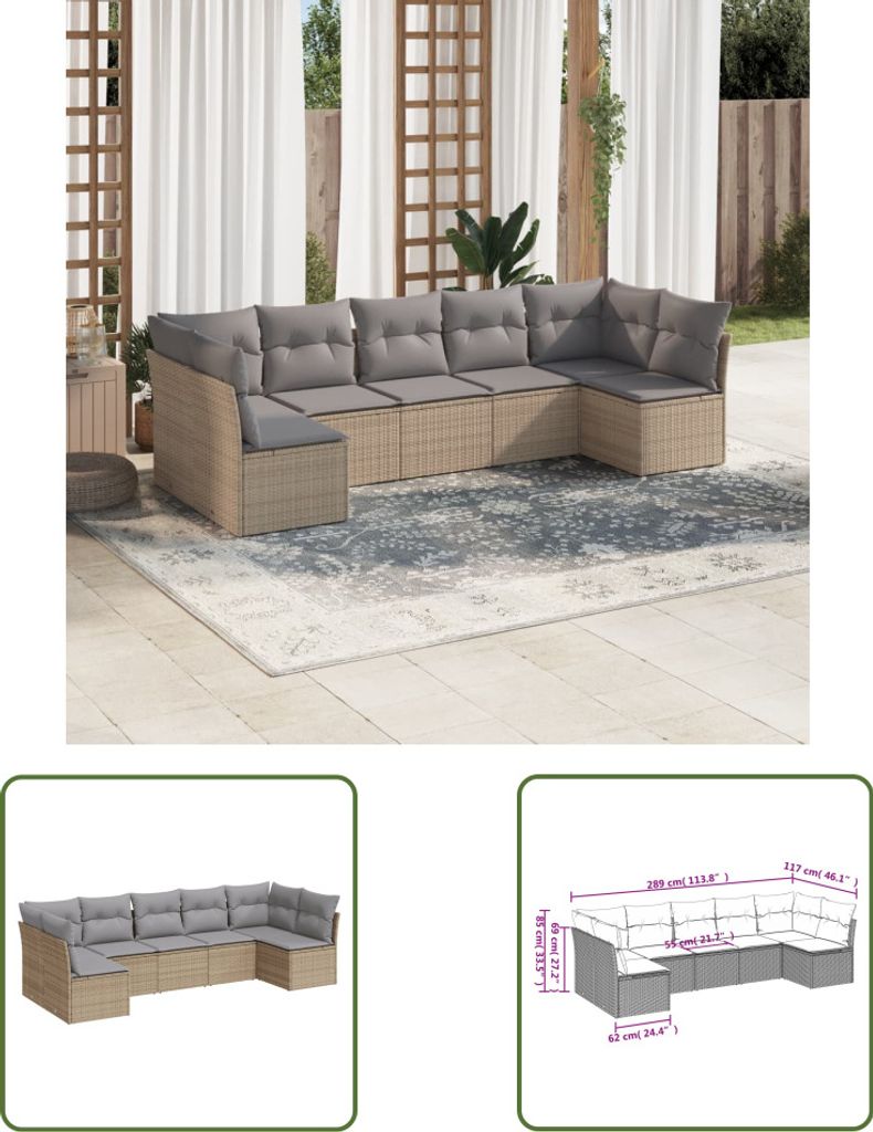 The Living Store 7-tlg. Garten-Sofagarnitur mit Kissen Beige Poly Rattan