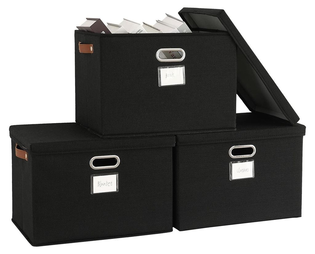Aufbewahrungsbox mit Deckel, faltbar, aus Stoff, große, stapelbare Stange, für Regale, Organizer, Kleidung, schwarz, dekorativ, 43 x 30 x 30 cm