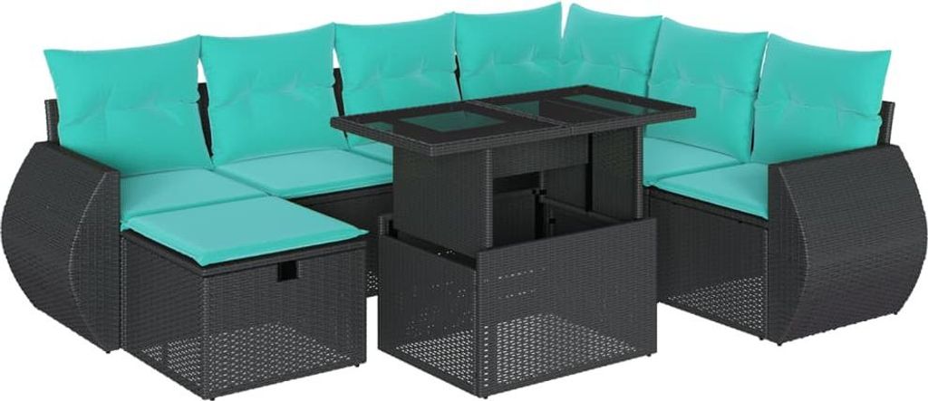 8-teiliges Gartensofa-Set mit Kissen, schwarzes Polyrattan