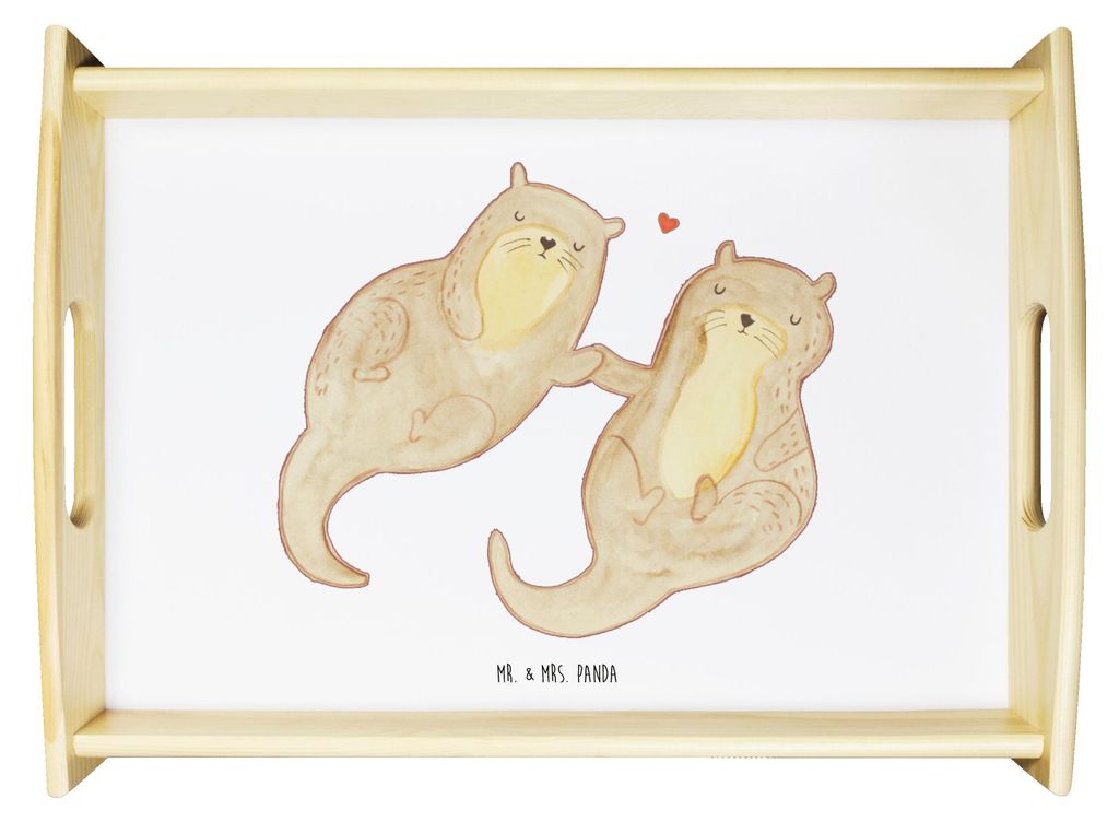 Mr. & Mrs. Panda Tablett Otter Hände halten - Weiß - Geschenk, Serviertablett, Liebe, Verliebt, Paar, Servier, glücklich, aus holz, Dekotablett,...