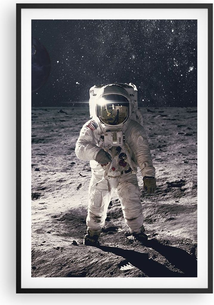 Gerahmtes Poster - Schwarzer Rahmen - Mond Erde Astronaut - 61x91,5 cm - Wand Bild - Wanddeko - Wandbilder - Kunstposter - Wandposter - Bilderrahme...
