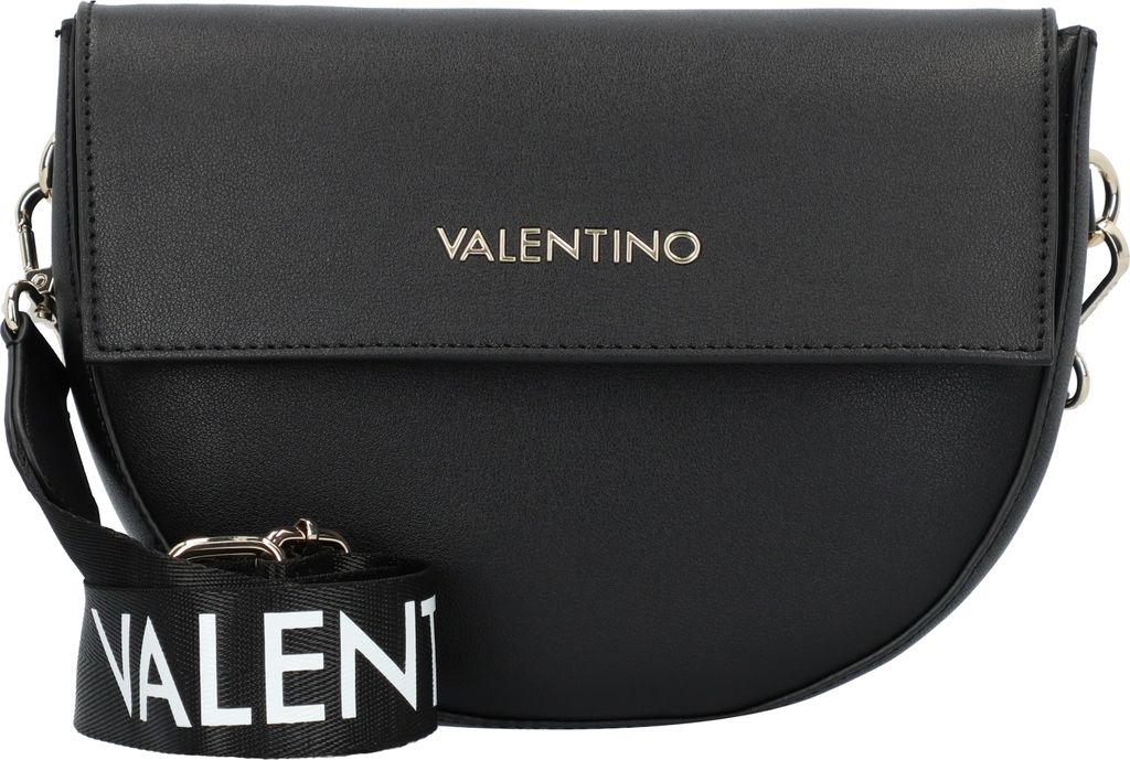 A black Valentino handbag with a branded strap is shown against a white background.