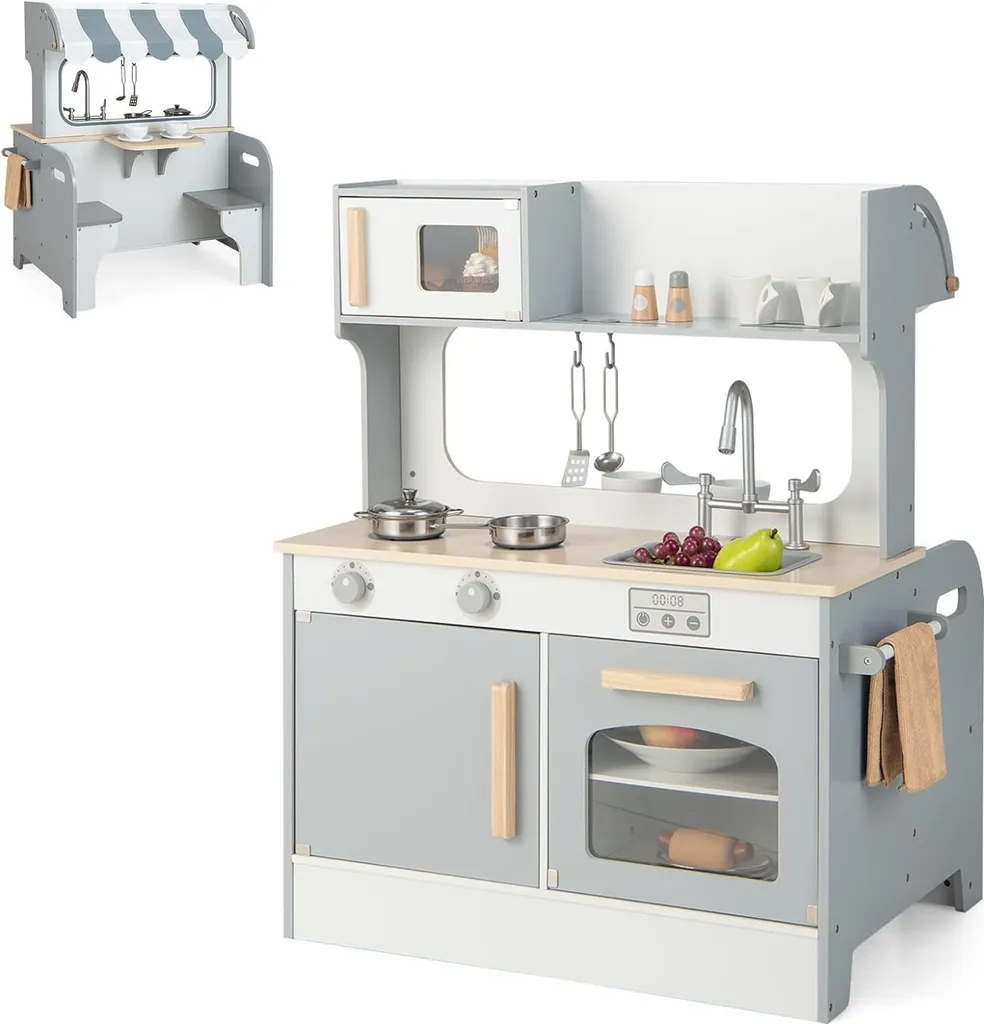 COSTWAY Cuisine pour enfants 2 en 1 en bois avec accessoires et restaurant