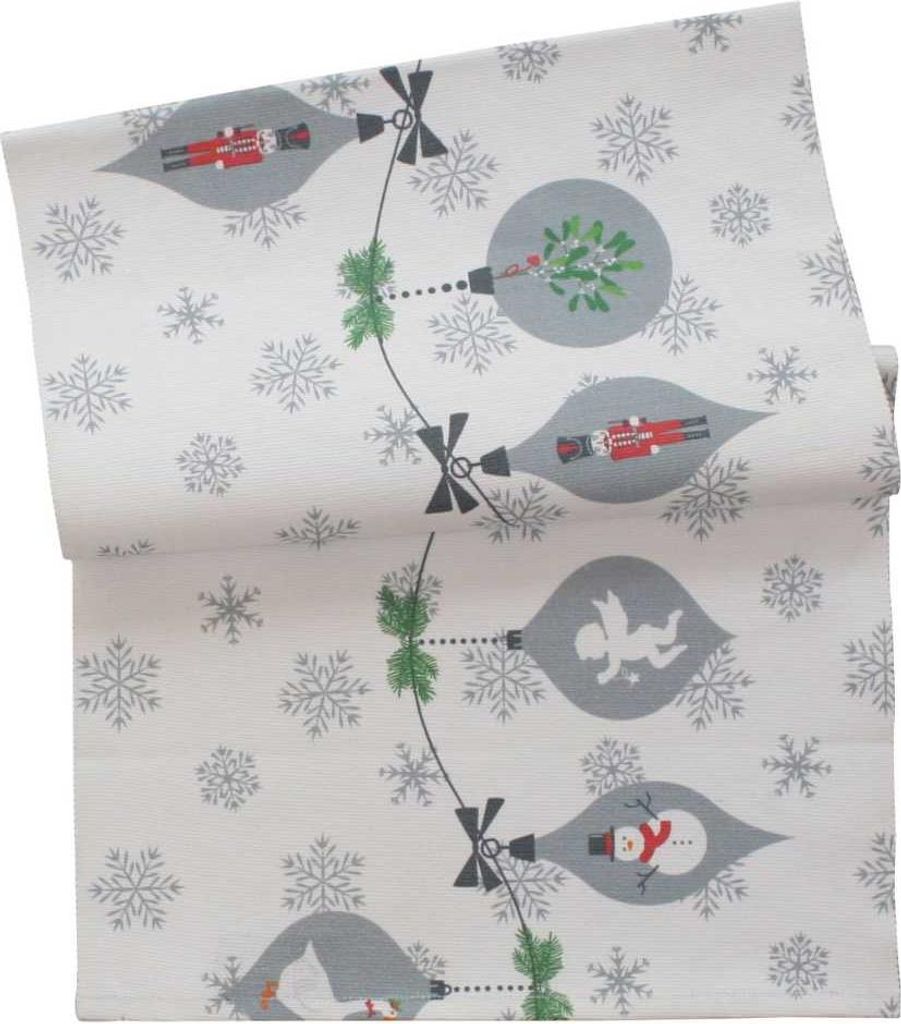Krasilnikoff Tischläufer X-MAS ORNAMENTS Weiß mit Weihnachtsmotiven 35x120 cm