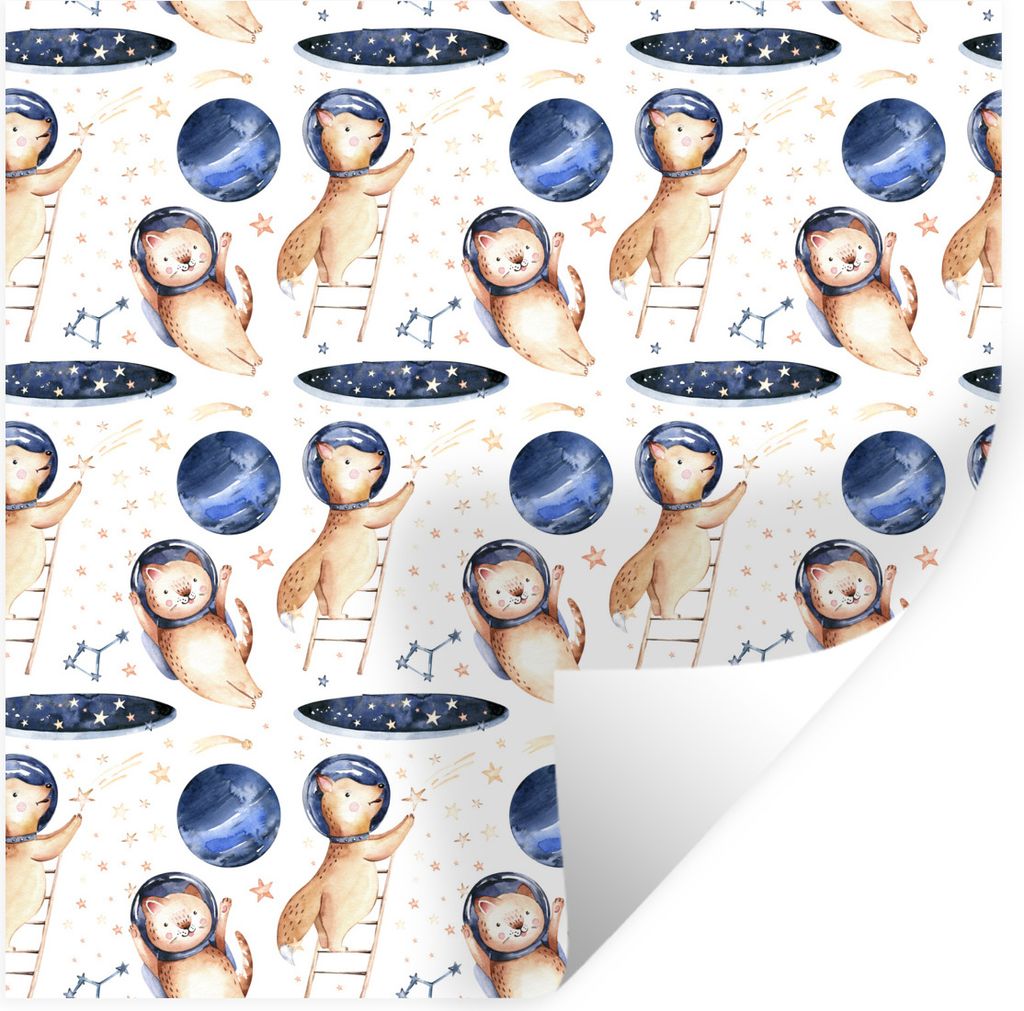 MuchoWow Wandtattoo Wandsticker Wandaufkleber Fuchs - Katze - Weltraum - Jungen - Mädchen - Kinder - Kinder 30x30 cm Selbstklebend und Repositio...